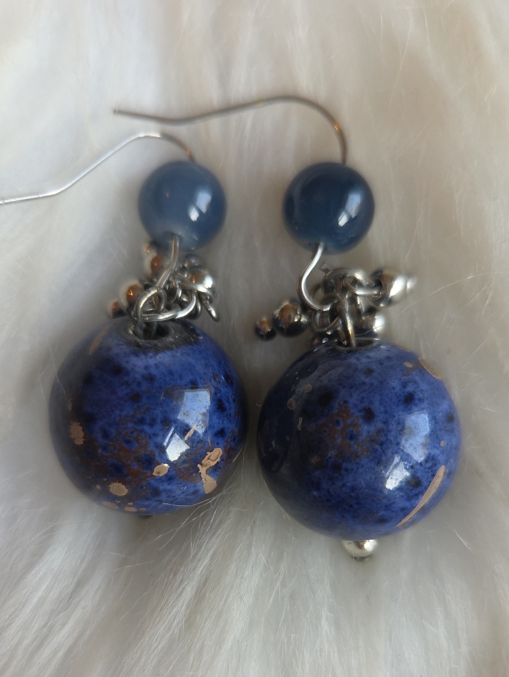 Blue Handpainted Ceramic & Silver Drop Earrings - Elegant Blue Bead Design